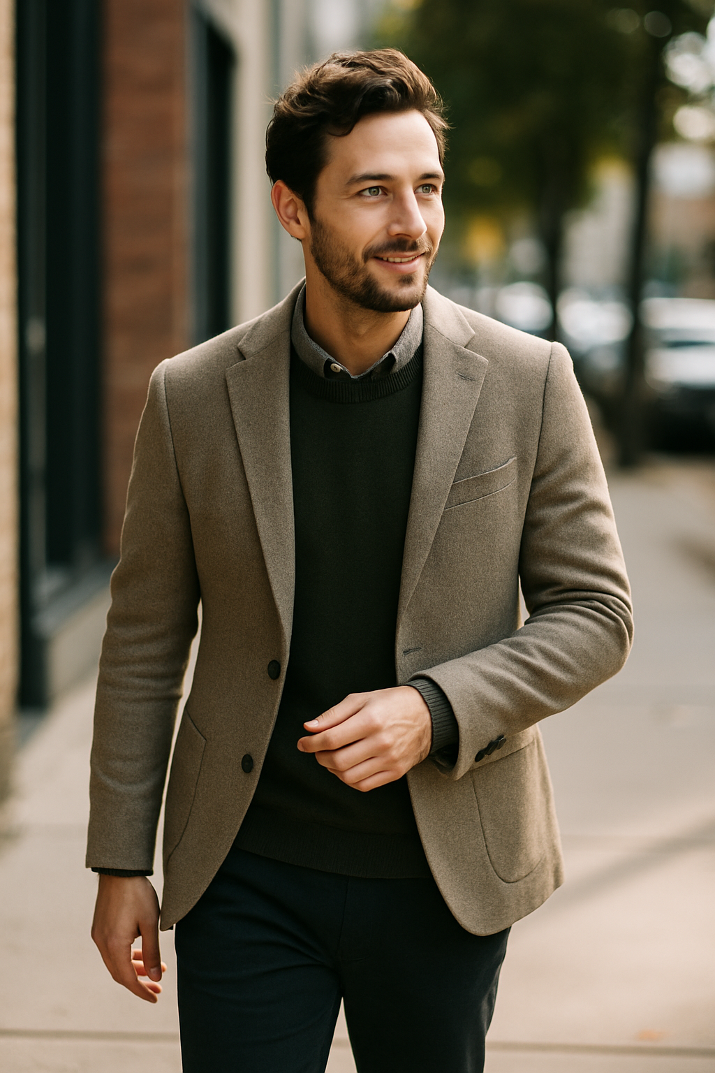 A man walking down the street in a tailored fit blazer and casual sweater.