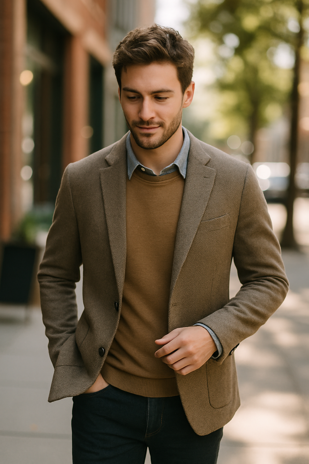 A man wearing a tailored brown blazer over a sweater and shirt, walking on a city street.