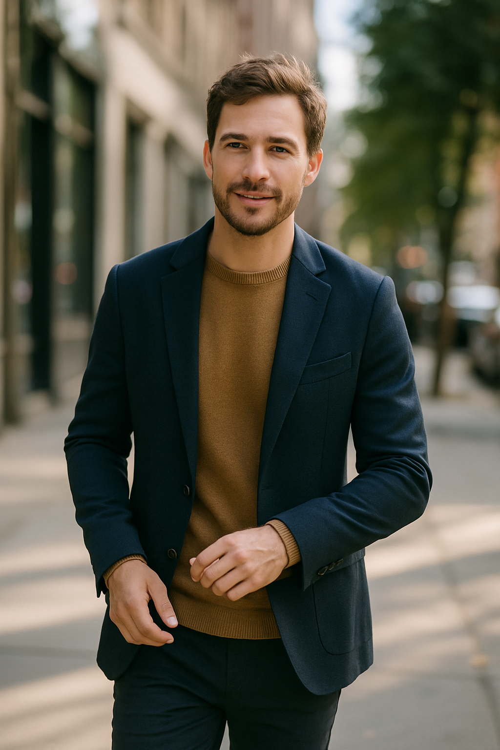 A man wearing a tailored navy blazer and brown sweater, walking confidently on the street.