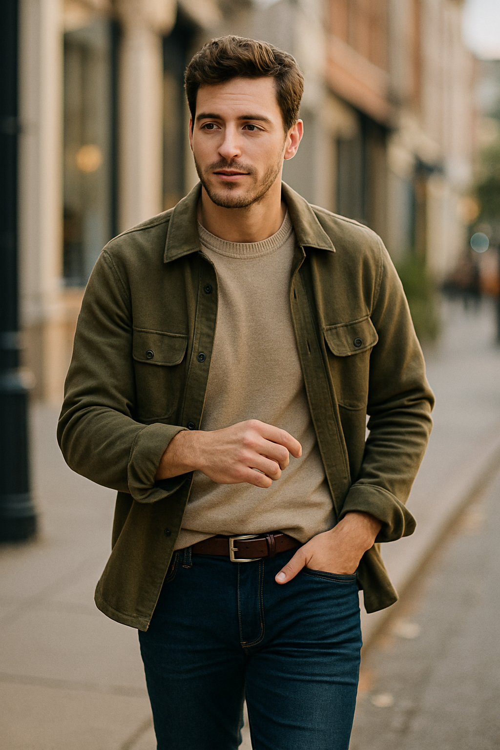 A man in a casual yet stylish outfit featuring an olive jacket and beige sweater, strolling down a city street.