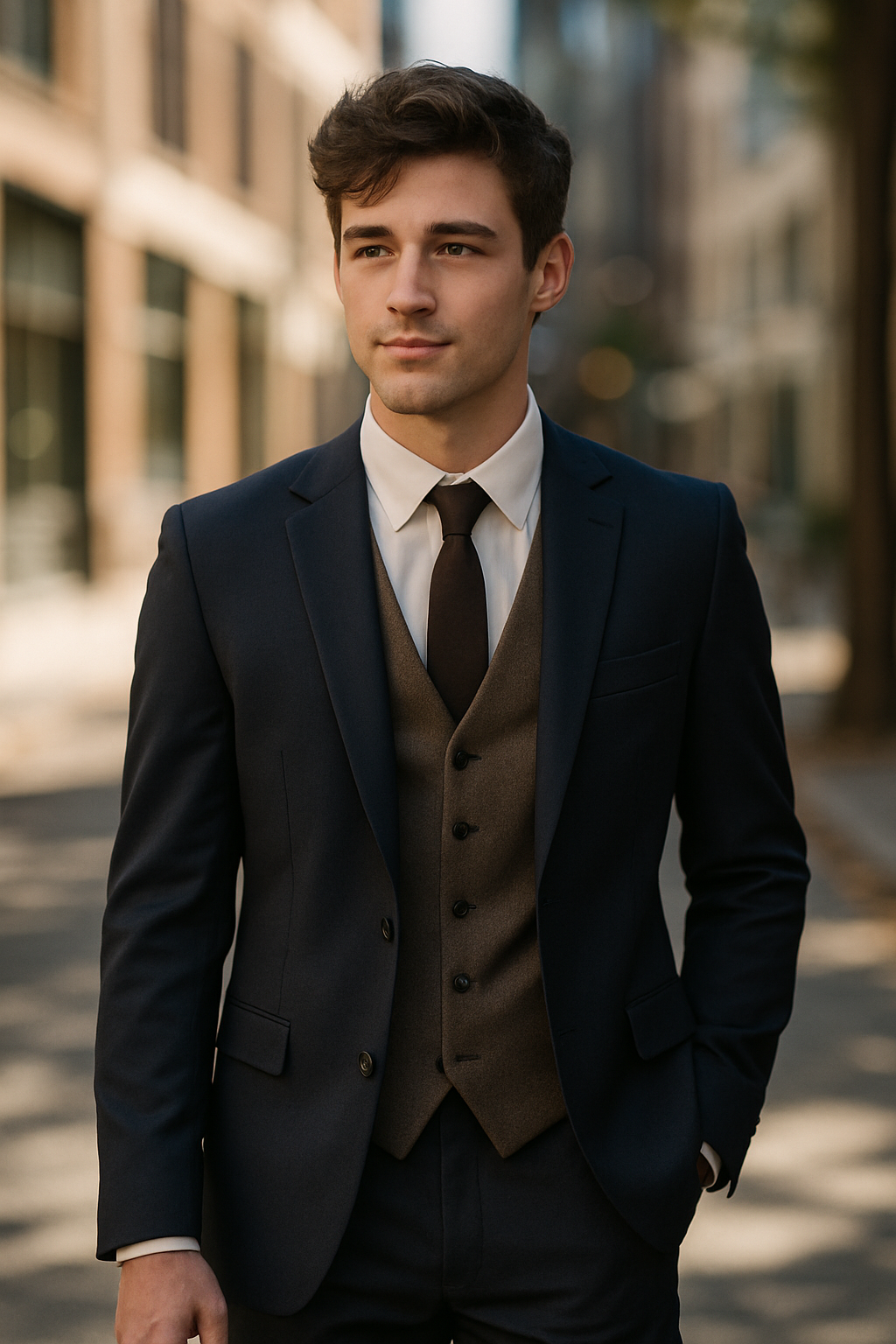A young man wearing a tailored navy suit with a vest, looking confident in an urban setting.