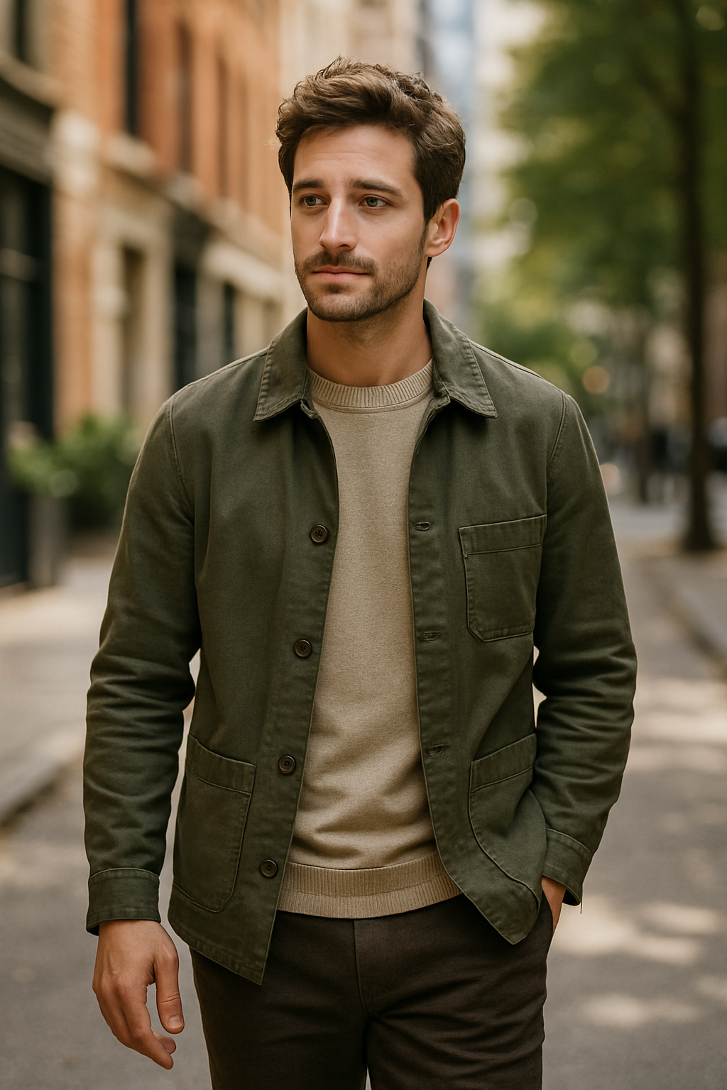 A well-dressed man walking down a city street in an olive green jacket and sweater