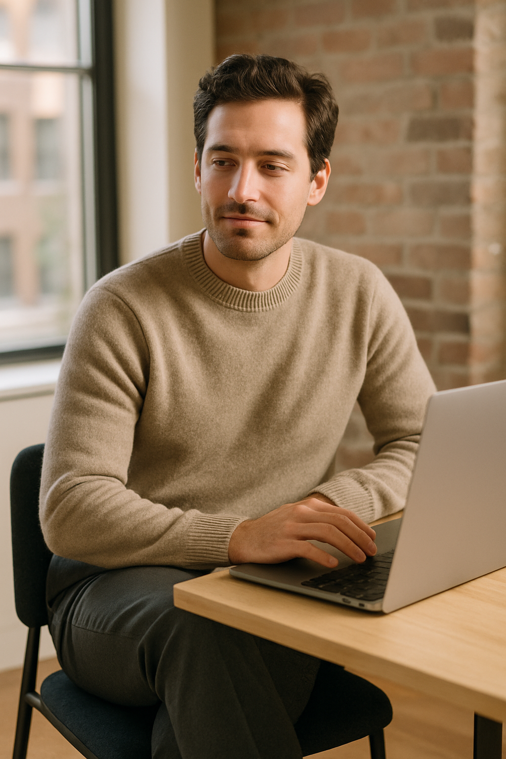 A man in a beige sweater and tailored trousers sitting at a desk with a laptop.