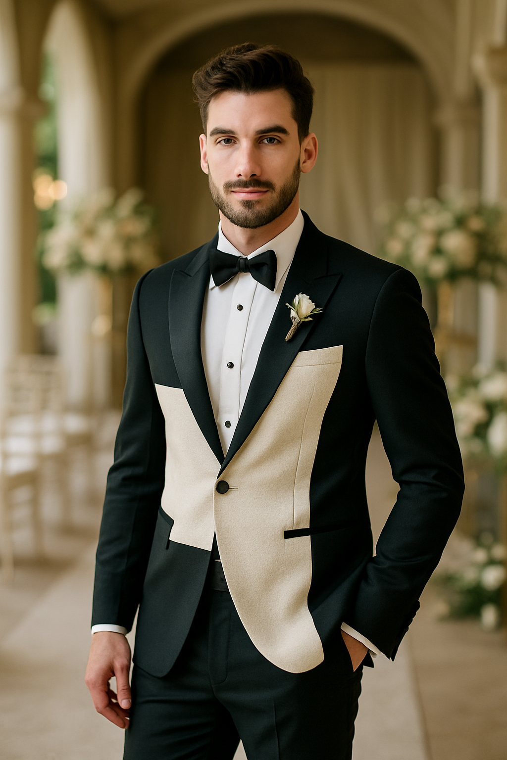 A groom in a stylish black tuxedo with a cream-colored shawl lapel, standing confidently.