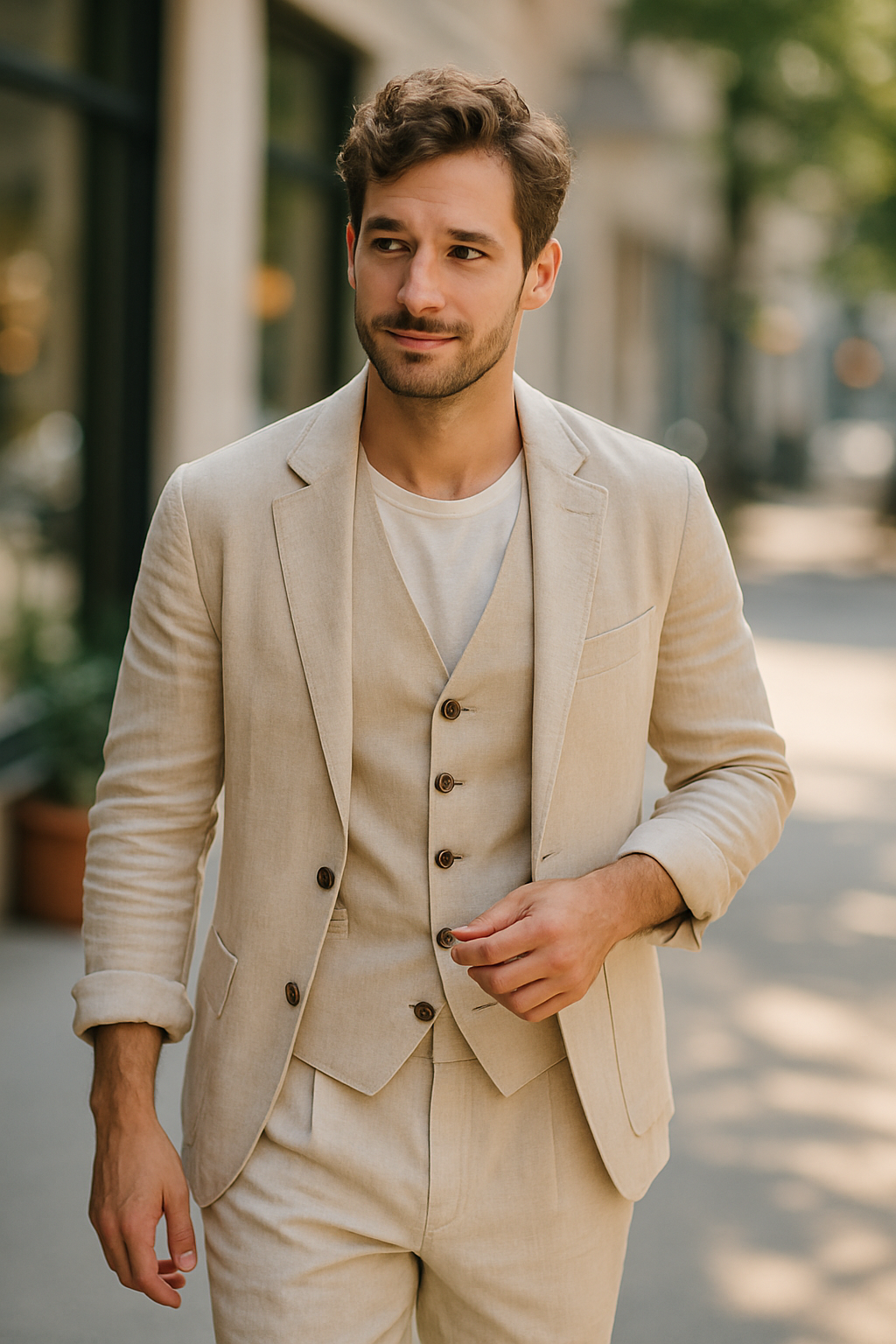 A man wearing a light beige tailored vest and trousers, walking confidently on a city street.