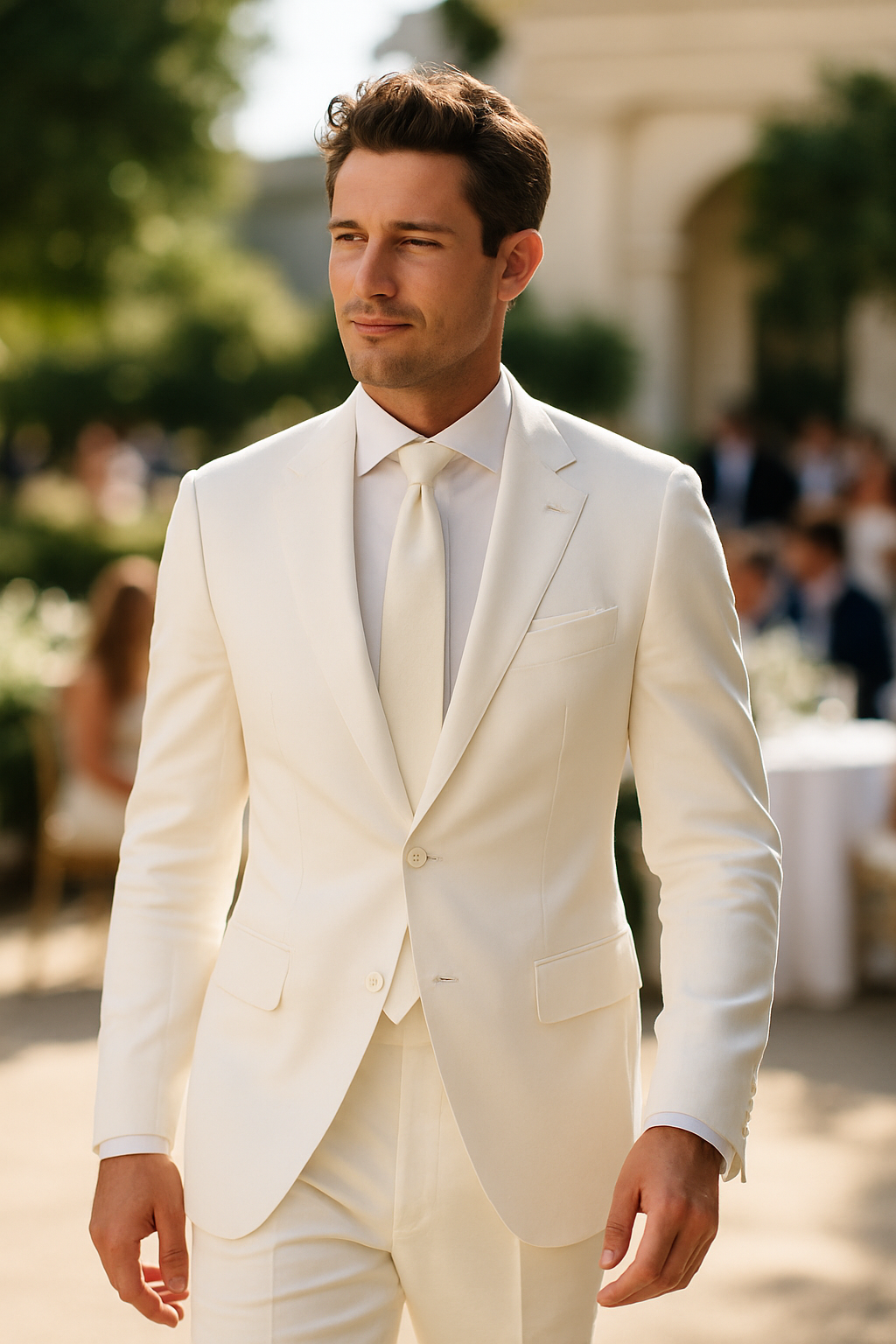 A man in a tailored white suit walking confidently at a formal event.