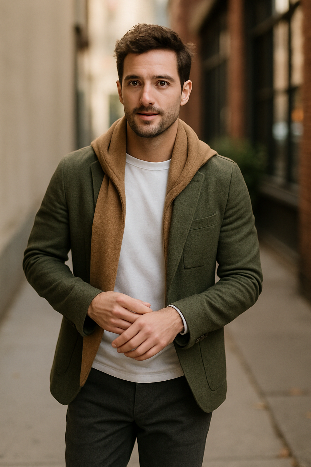 A man wearing a tailored white t-shirt under a green jacket with a brown hoodie, standing on a city street.