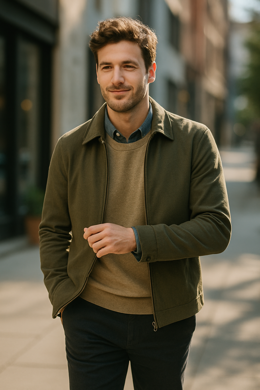 A man in a stylish outfit walking confidently on the street.
