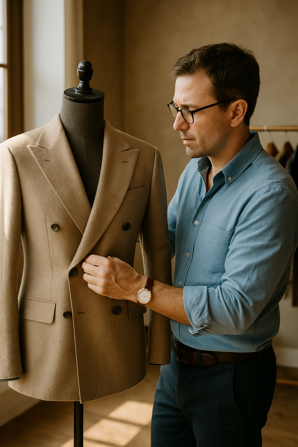 A tailor adjusting a double breasted blazer on a mannequin in a well-lit room.