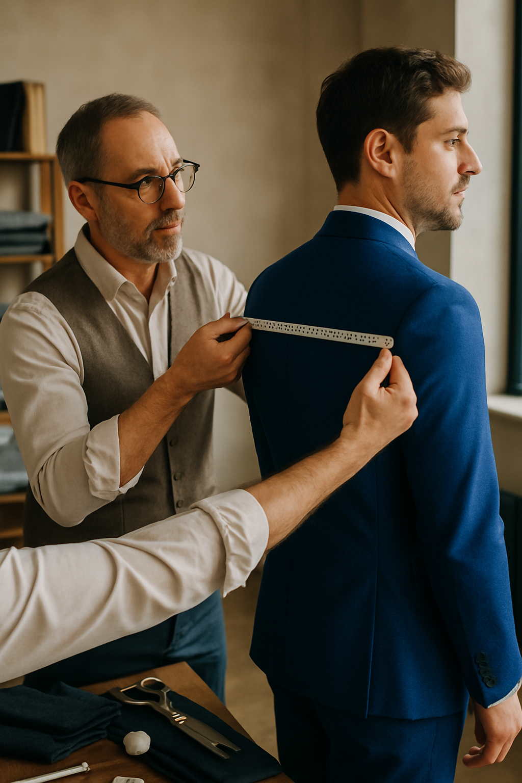 A tailor measuring a client wearing a royal blue suit, focusing on achieving a perfect fit.