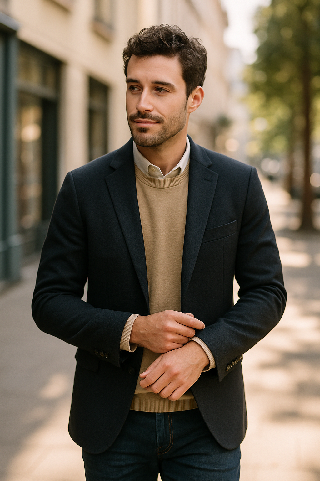 A man wearing a black blazer over a sweater, standing outdoors.