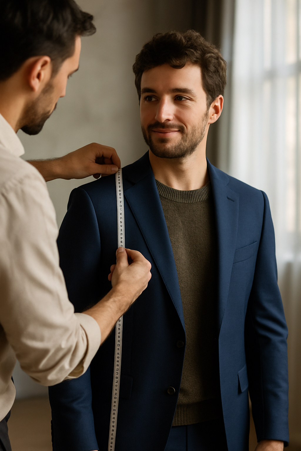 A tailor measuring a man in a royal blue suit