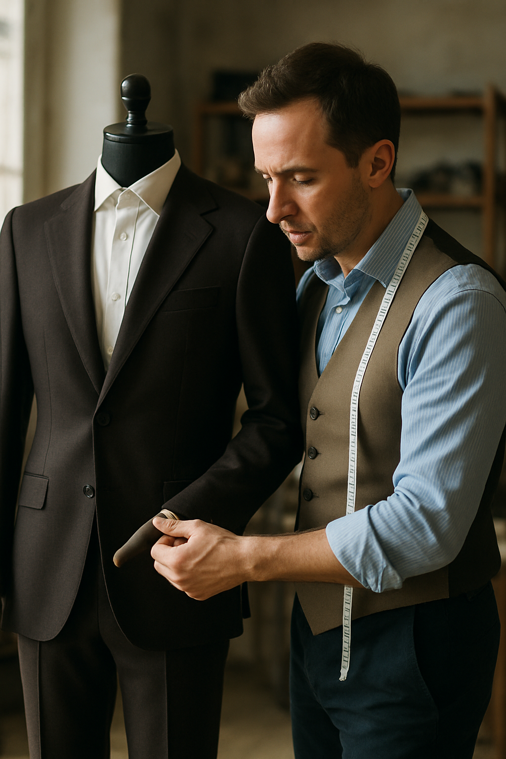 A tailor measuring a dark brown suit on a mannequin