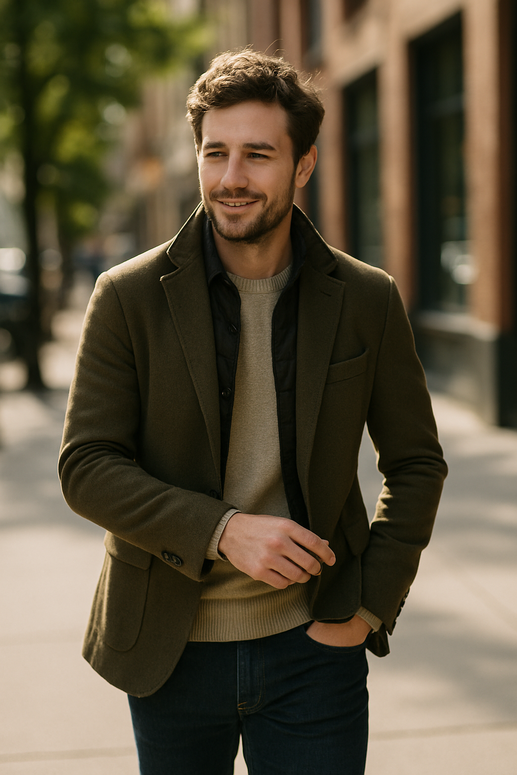 A man in a tailored business casual blazer, smiling while walking outdoors.