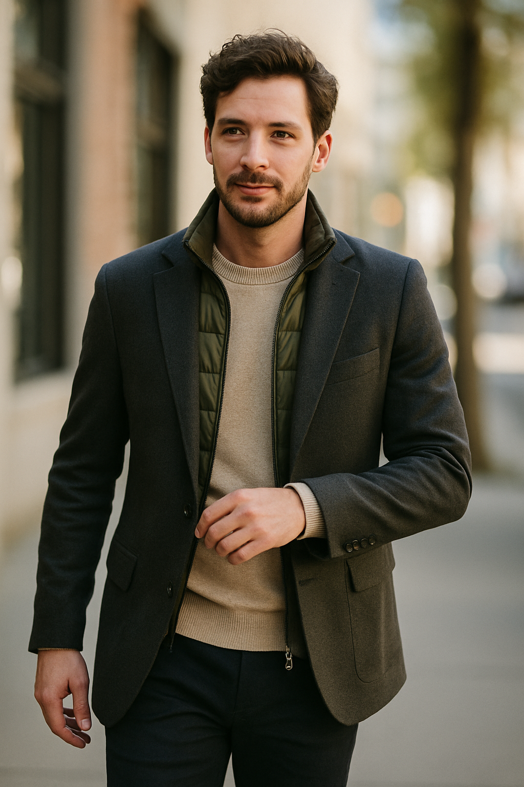 A man wearing a navy blue suit with a stylish look.