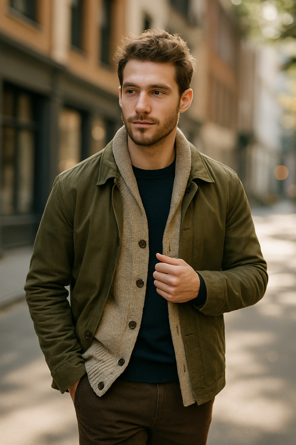 A man wearing an olive green jacket with a beige sweater, standing outdoors.