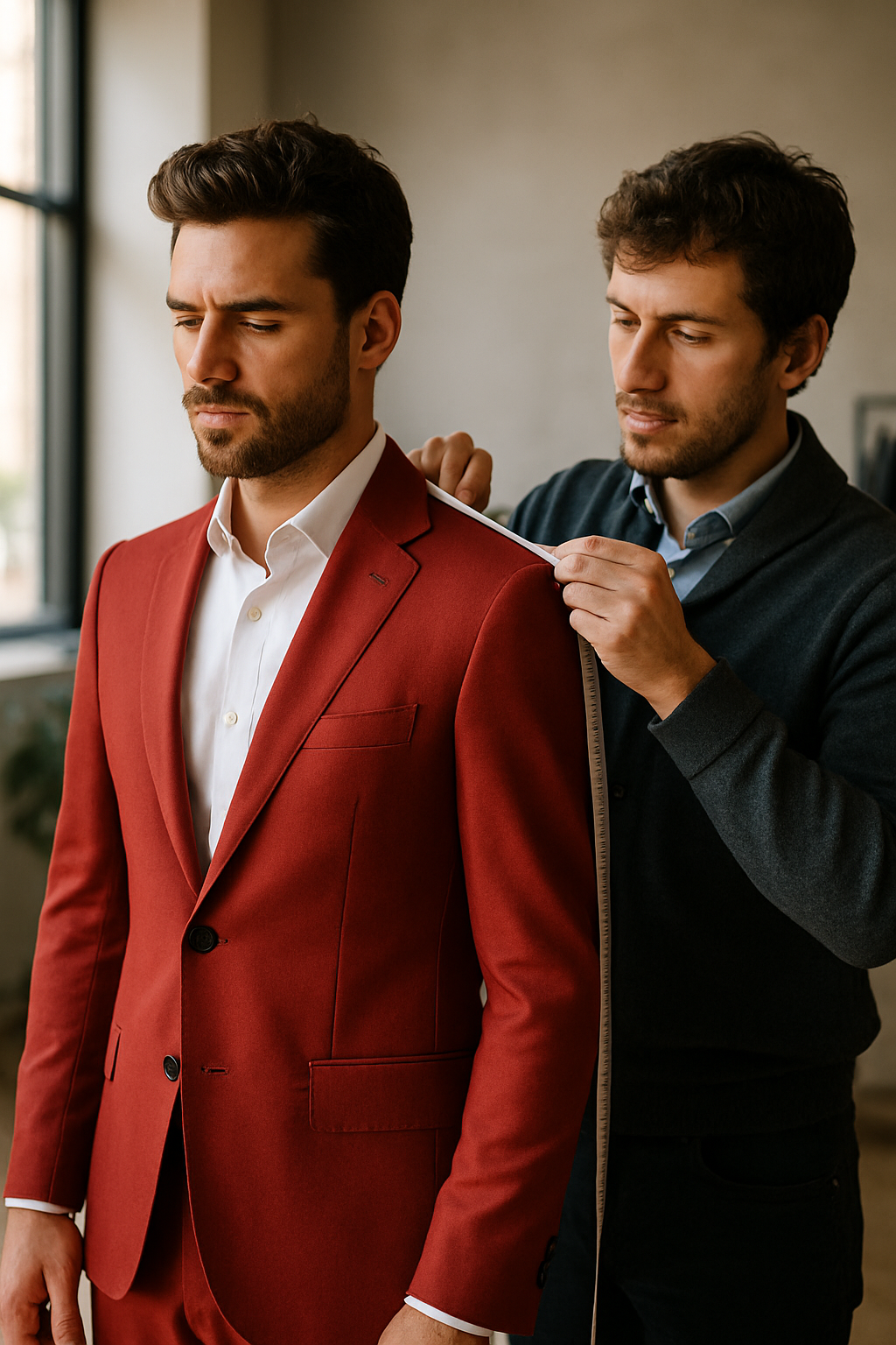 A man in a red suit being measured by a tailor