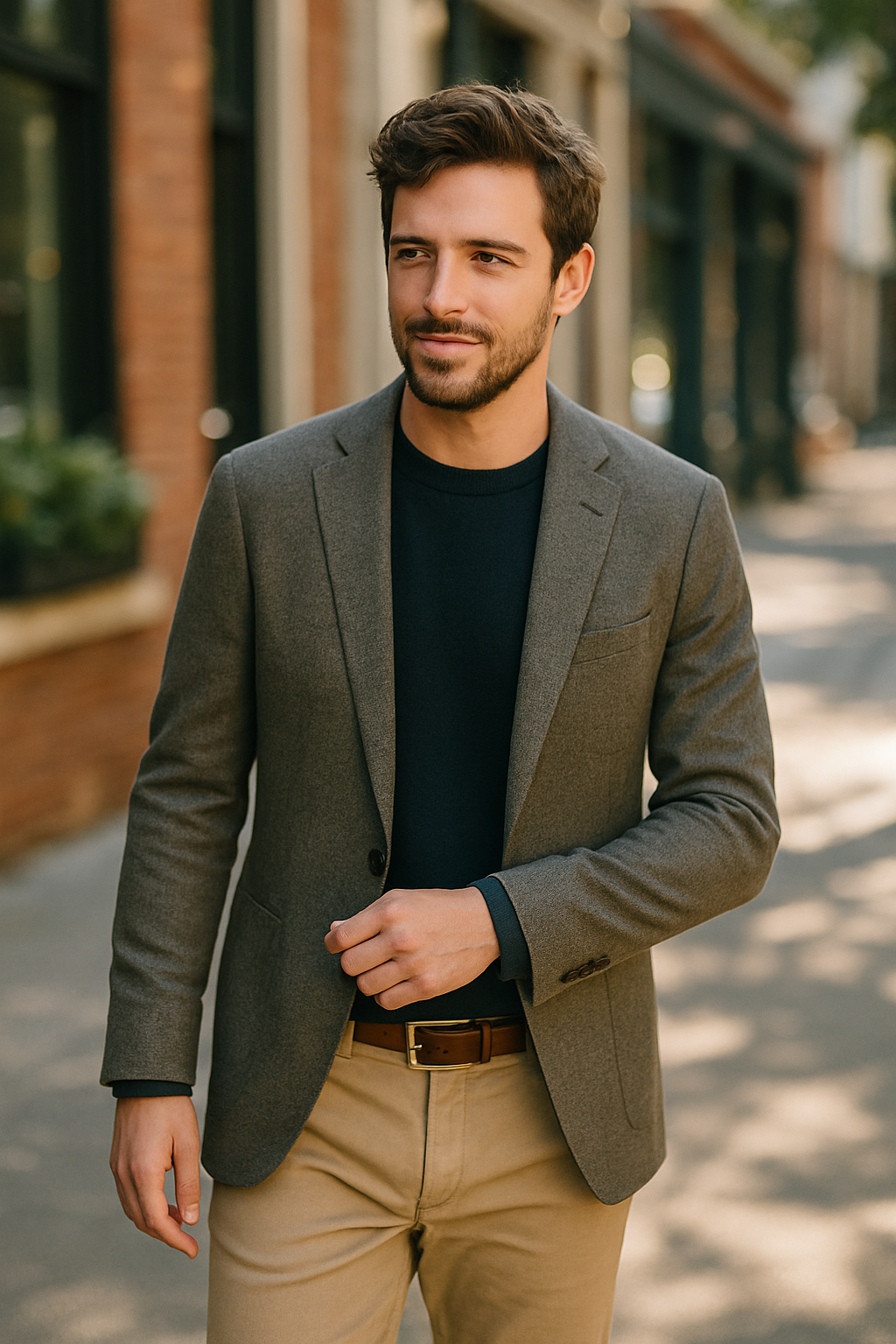 A man in a stylish beige blazer walking down the street.