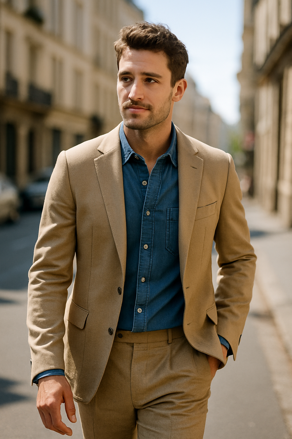A man wearing a tan suit with a denim shirt, walking confidently on a city street.