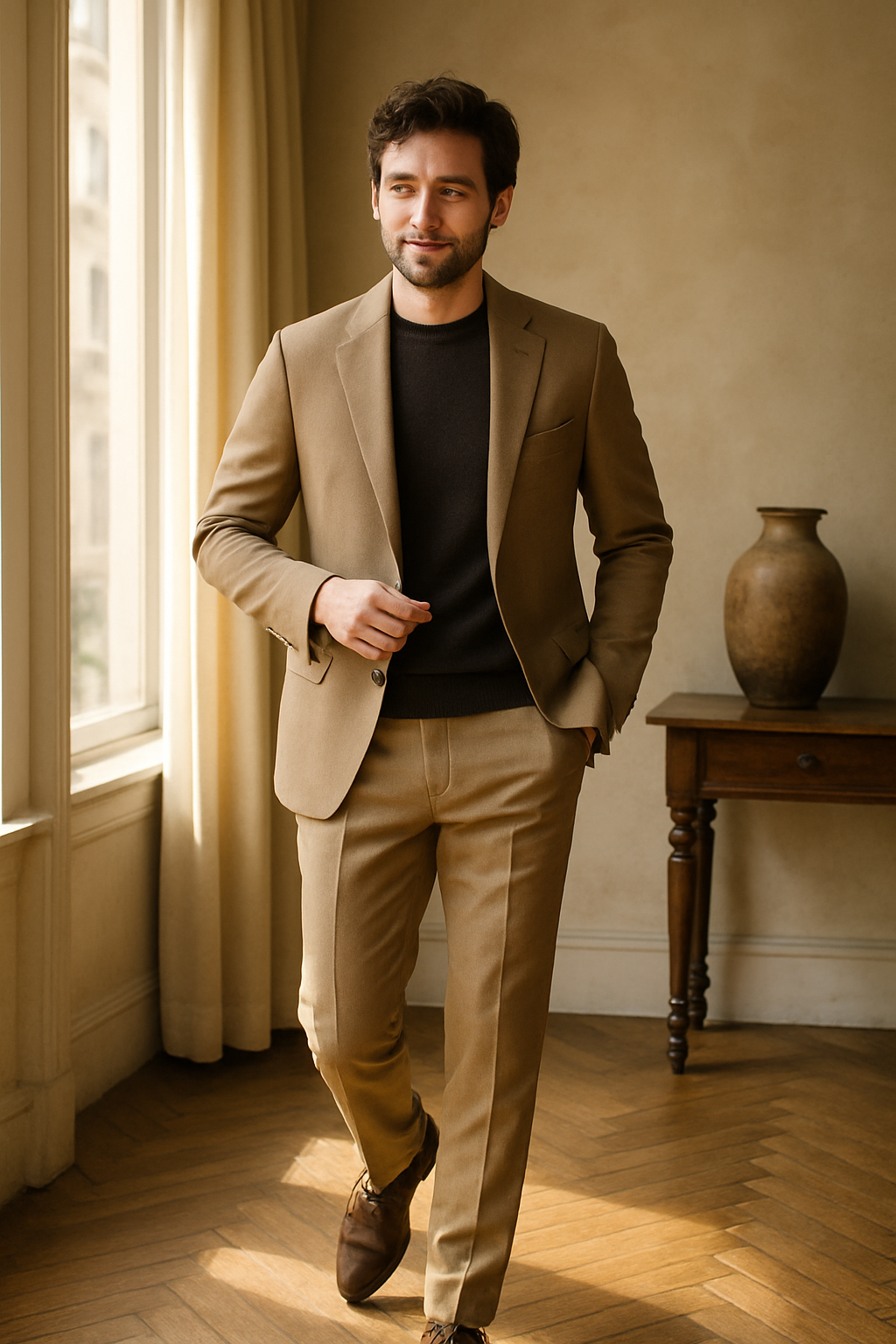 A man in a tan suit with dark brown shoes, standing near a window.