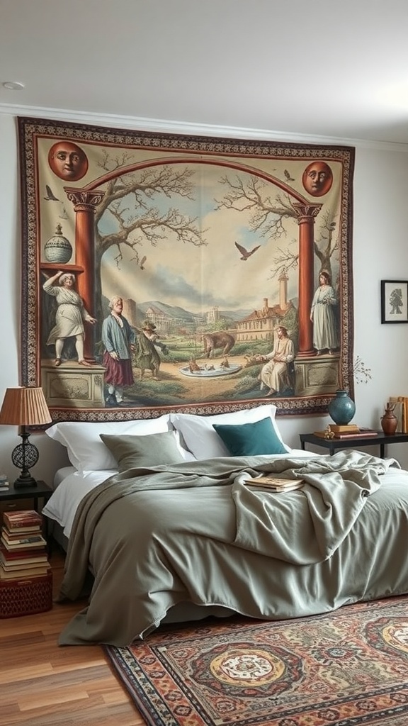 A beautifully detailed tapestry hanging above a bed, featuring figures and a scenic landscape.