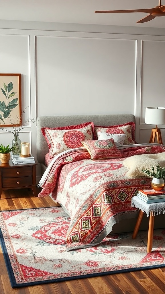 A beautifully styled bedroom featuring tapestry-inspired bedding with intricate patterns in red and cream.