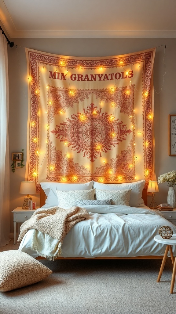 A cozy bedroom featuring a tapestry with fairy lights, a neatly made bed, and soft textures.