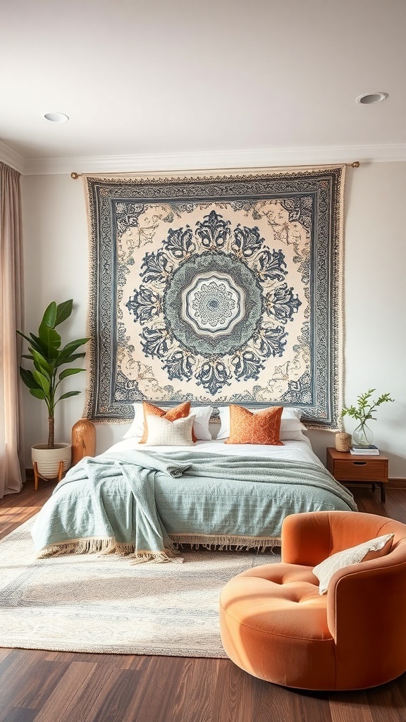 A cozy bedroom featuring a large tapestry above the bed, with soft bedding and an orange accent chair.