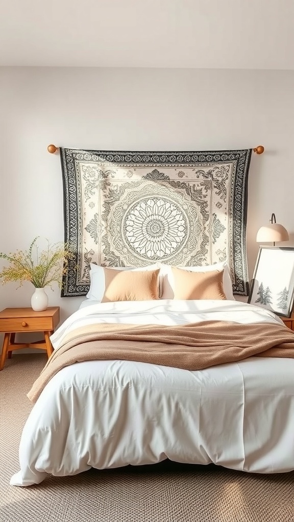 A cozy bedroom featuring a tapestry headboard, soft bedding, and warm decor.