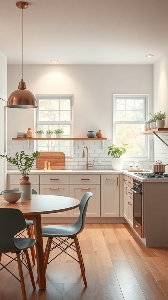 A well-lit kitchen featuring a copper pendant light above a dining table, with natural light from windows and plants on display.