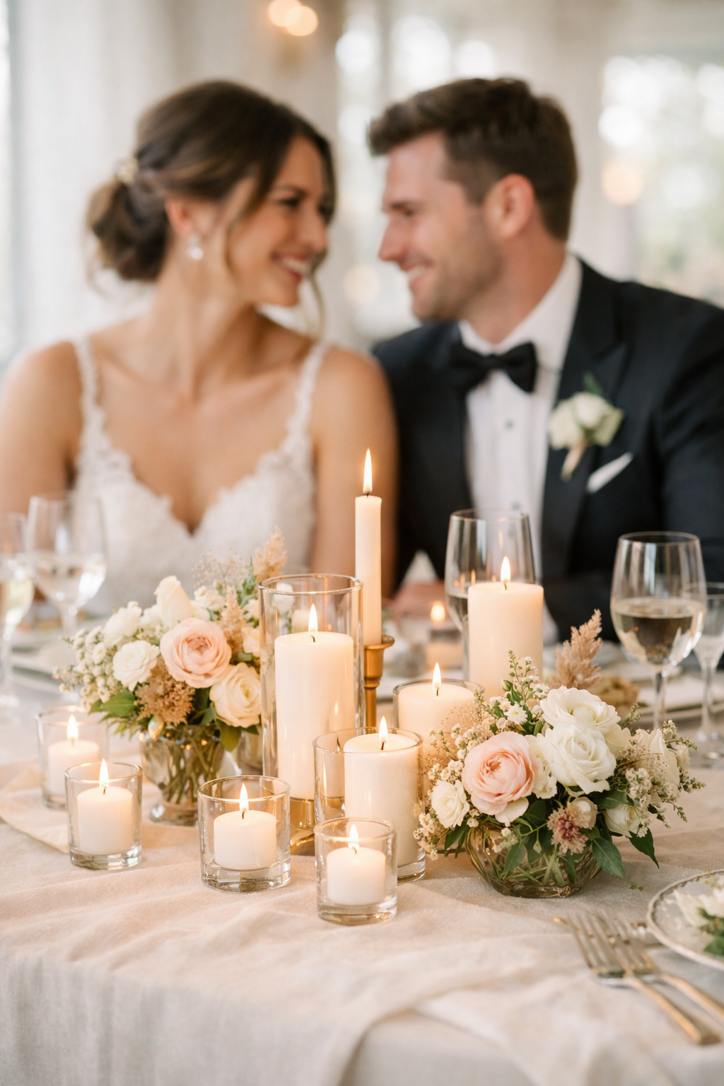 Elegant wedding table centerpiece with flowers and candles.