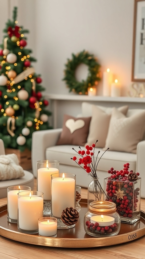 A cozy holiday setting with candles, pinecones, and a Christmas tree in the background.