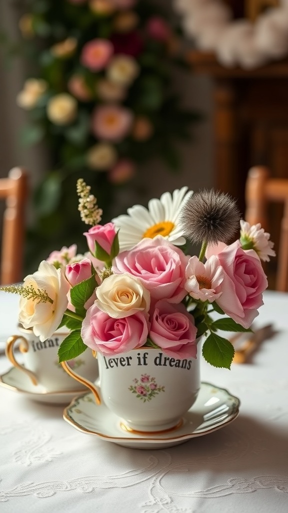 Beautiful tea cup flower arrangements with pink roses and daisies