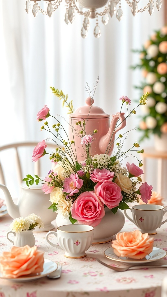 A beautiful tea party centerpiece with a pink teapot, pink roses, and delicate teacups.