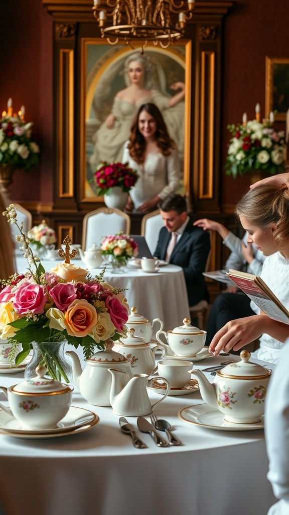 An elegantly set tea party for a bridal shower, featuring floral arrangements and china tea sets.