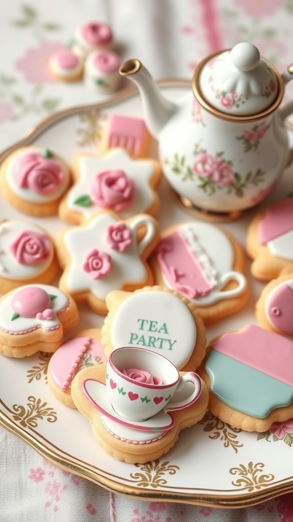 Decorative cookies with a tea party theme, featuring teacups and flowers on a plate.