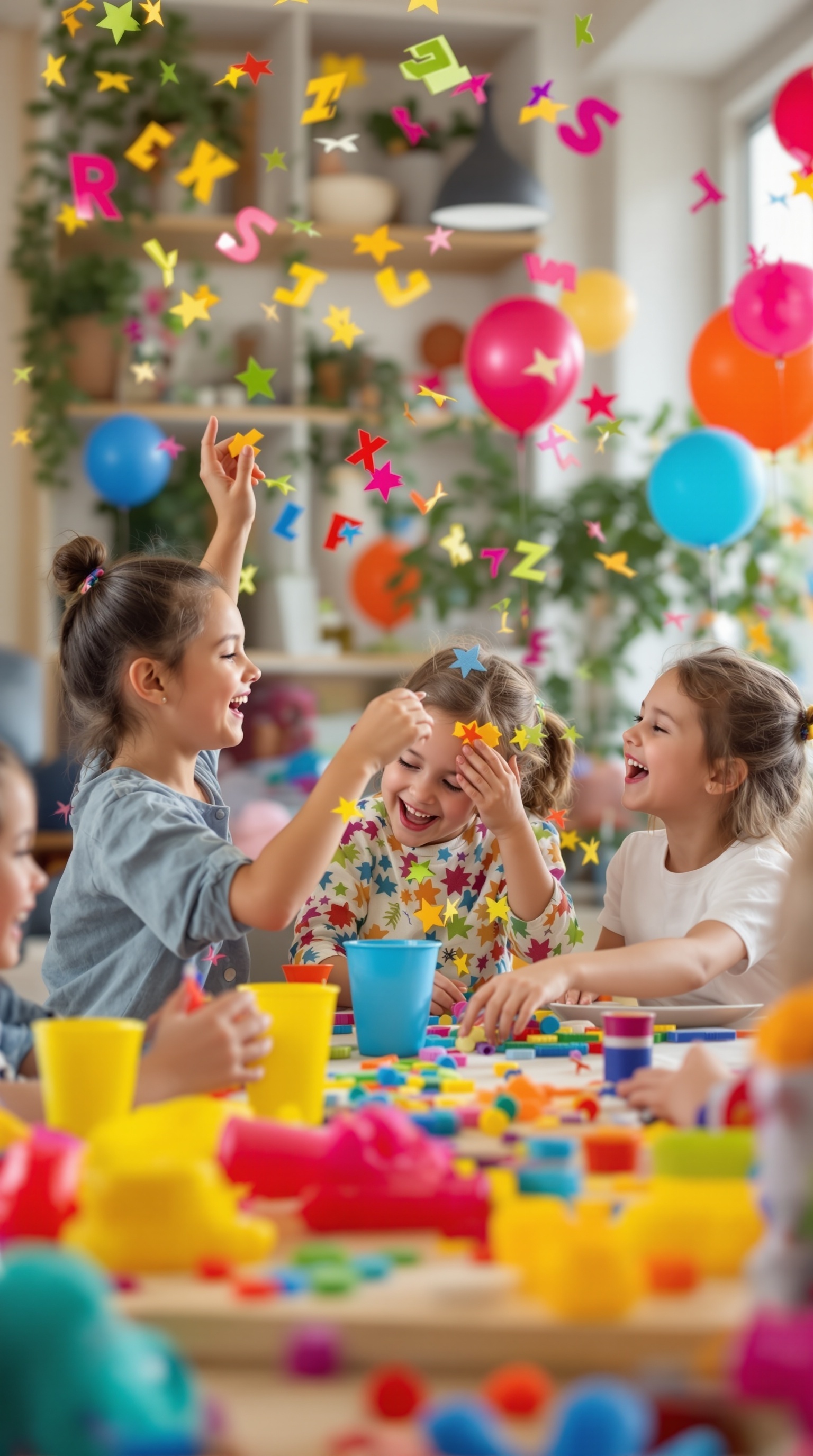 Children playing with colorful props in a cheerful setting, enjoying team-building games.