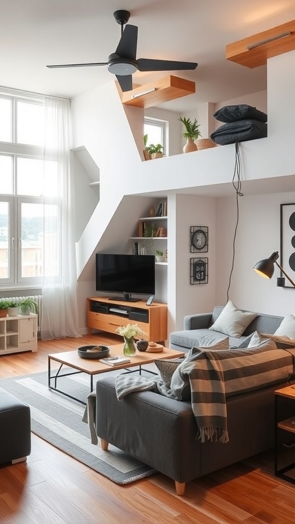 A modern loft bedroom featuring a cozy seating area, smart TV, and stylish decor.