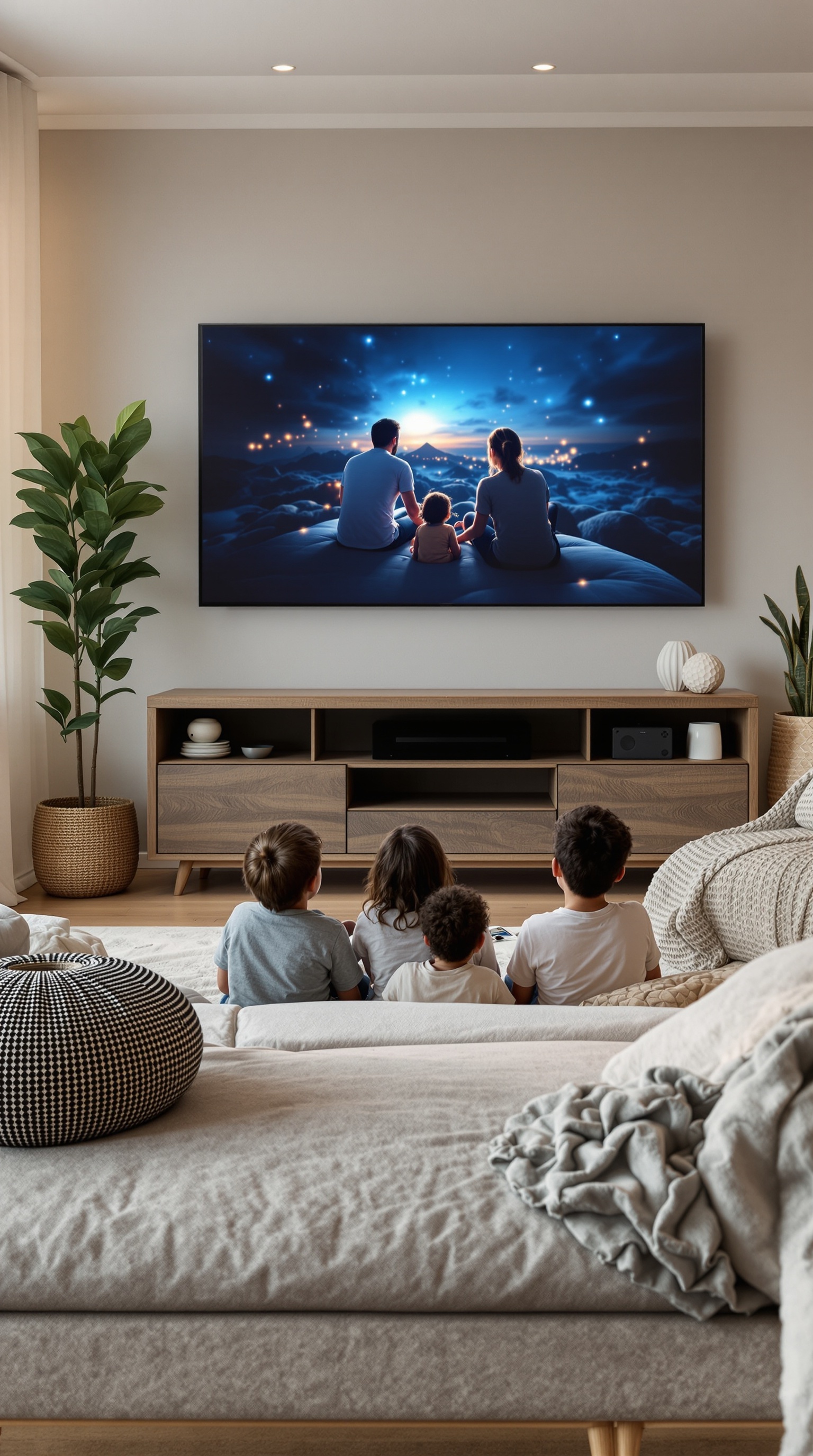 A family sitting together in a cozy living room, watching a movie on a large TV.