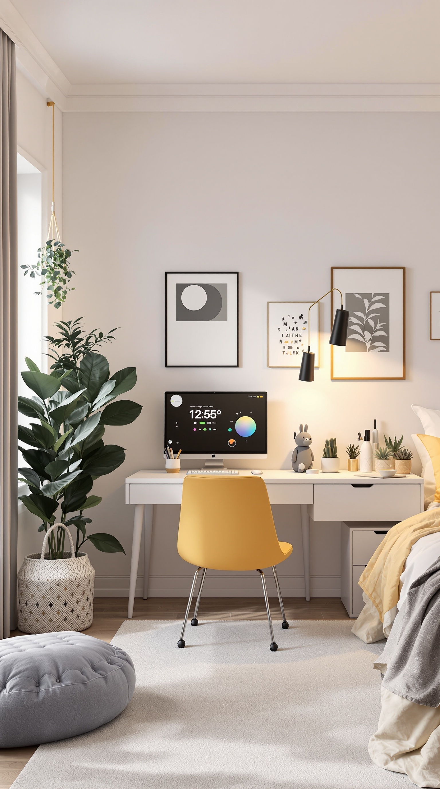 A modern kids bedroom with a tech-friendly workspace featuring a computer, yellow chair, and decorative plants.