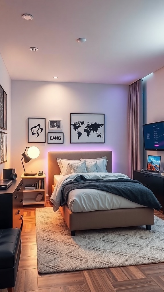 A modern teen bedroom featuring a bed, desk, and smart TV with LED lighting.
