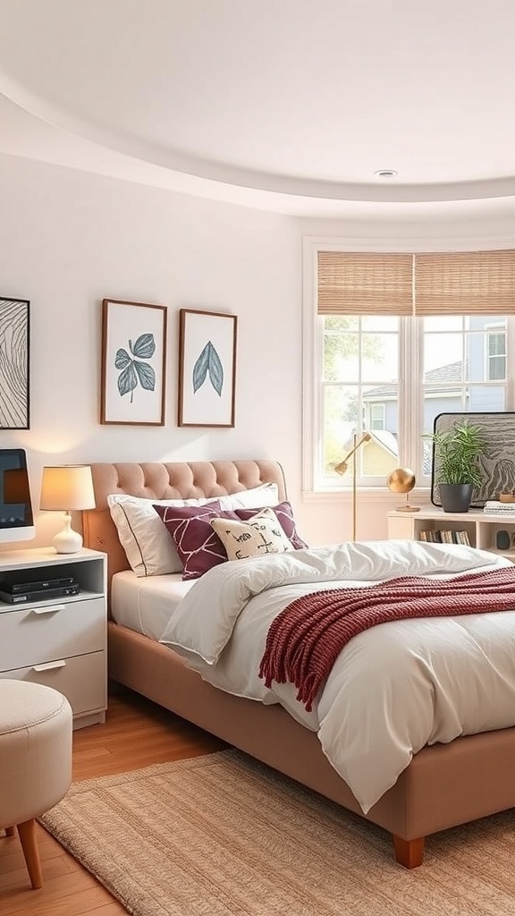Cozy teen bedroom with a bed, TV, and natural light