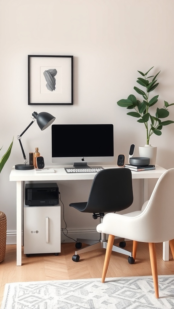 A modern tech-friendly workspace featuring a sleek desk with a computer, lamp, and plant.