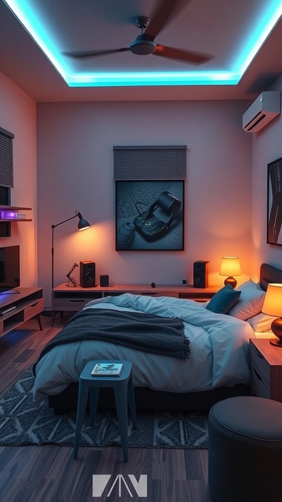 A modern teen boy bedroom featuring tech elements like LED lighting, gaming console, and stylish furniture.