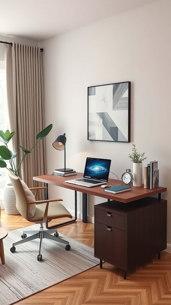 A modern small desk setup featuring a laptop, lamp, and storage cabinet in a bright room.