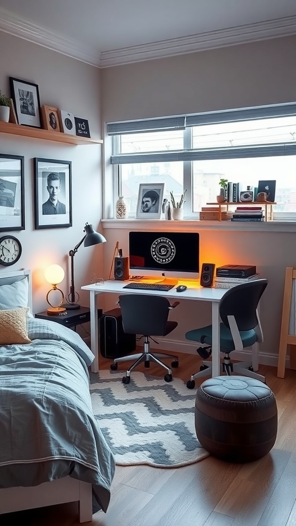 A modern teen bedroom workspace featuring a computer desk with speakers, stylish lamp, and artwork on the walls.