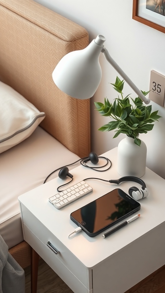 A neatly organized nightstand with a smartphone, headphones, a keyboard, and a small plant.