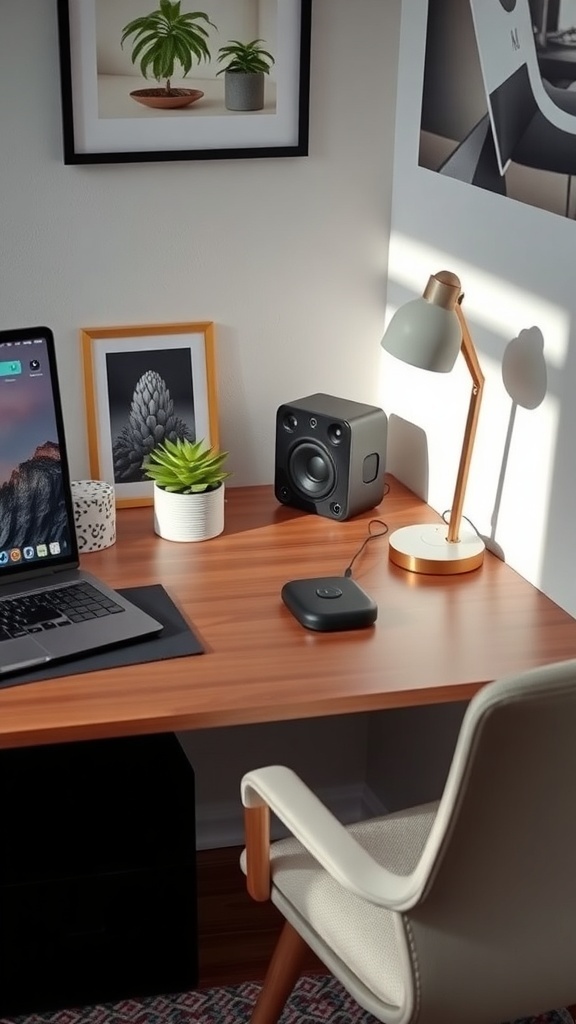 A cozy desk setup featuring a laptop, lamp, speakers, and plants.