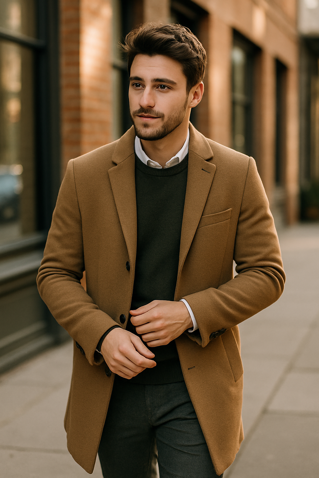 A stylish young man walking confidently down the street in a modern outfit.