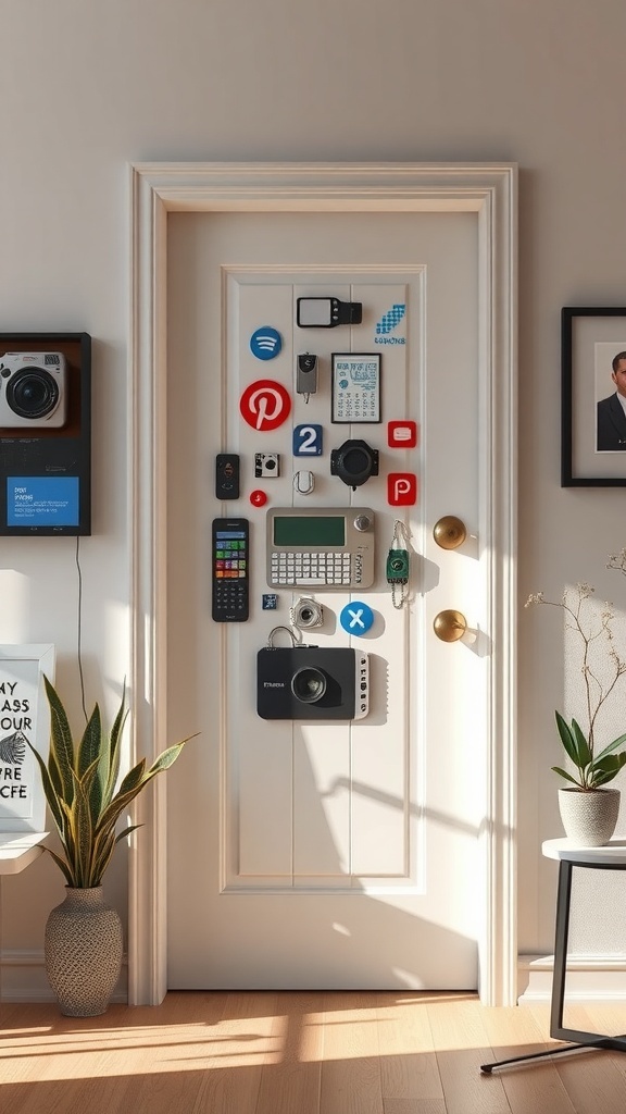 A door decorated with various tech gadgets and icons, representing a tech innovator theme.